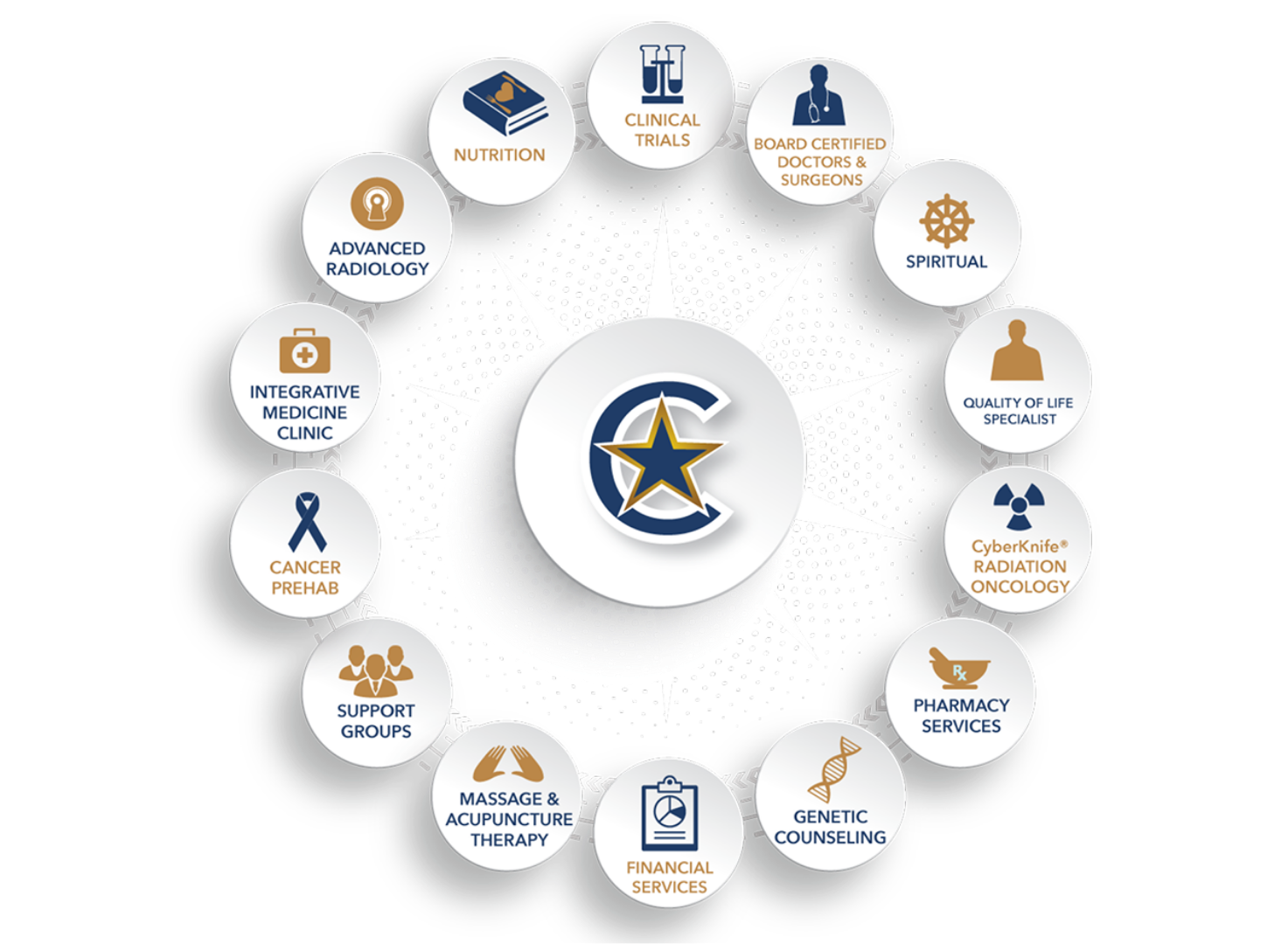 Circular graphic with icons and a central star logo surrounded by labeled service categories.