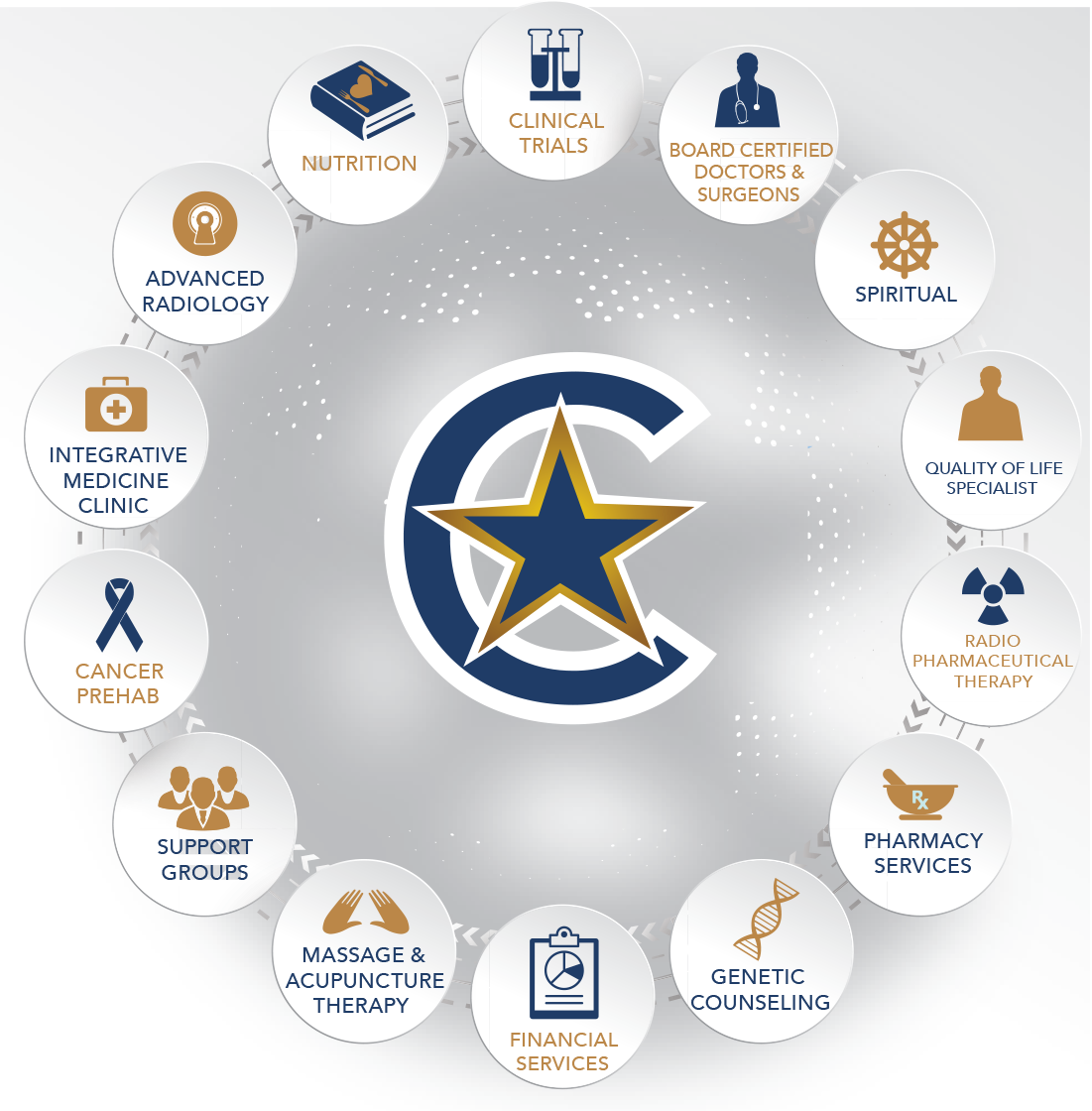 Blue and gold star logo surrounded by healthcare service icons in a circular arrangement.