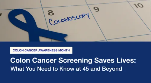 Blue ribbon on a calendar with colon cancer screening reminder; awareness text below.
