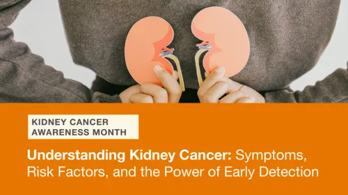 Person holding two kidney illustrations against their body, kidney cancer awareness text below.