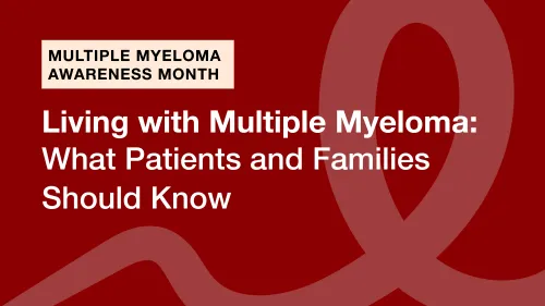 Red awareness ribbon and text about living with multiple myeloma for patients and families.