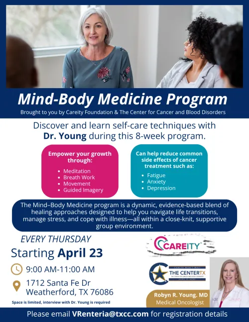 Woman speaking to a group in a therapy session, informative flyer with program details.
