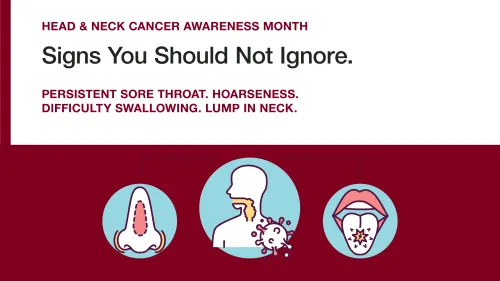 Head and neck cancer warning signs with illustrations of throat, neck, and mouth issues.