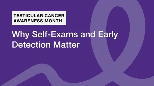 Purple background with a ribbon and text about self-exams and early detection awareness.