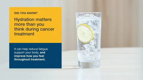 Glass of ice water with lemon slice next to hydration fact about cancer treatment.
