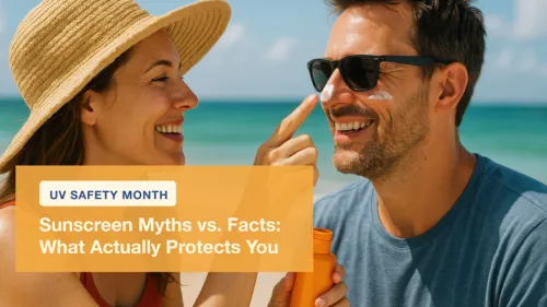 Woman applying sunscreen to man at the beach, text overlay about sunscreen myths and facts.
