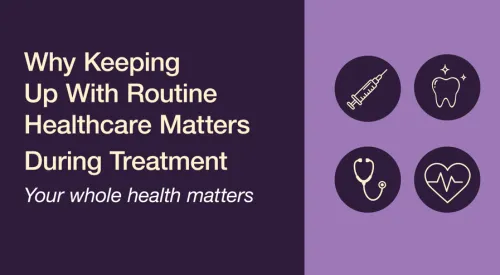 Healthcare text with icons of syringe, tooth, stethoscope, and heart on purple background.