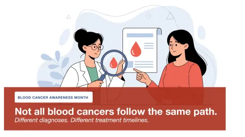 Illustration of a doctor and patient discussing blood cancer diagnosis and treatment timelines.