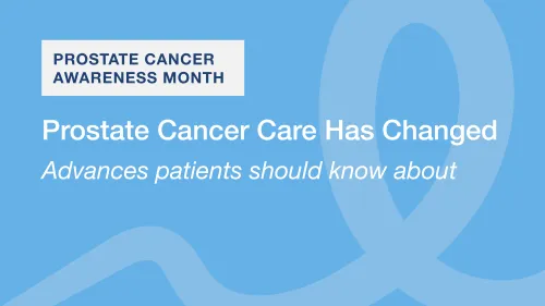 Blue graphic with prostate cancer awareness text and a subtle ribbon in the background.