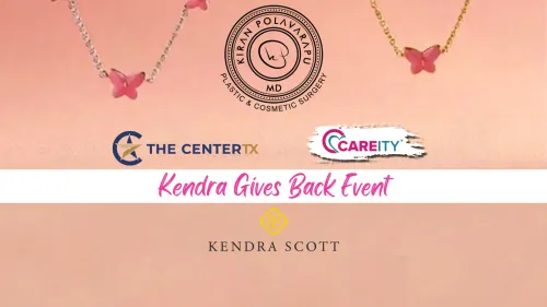 Pink butterfly necklaces and logos on a peach background, Kendra Gives Back Event text.