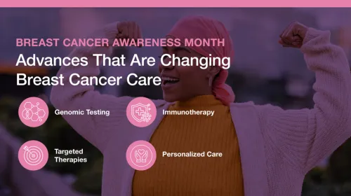 Woman in pink headscarf smiling and flexing arms, surrounded by breast cancer care icons.