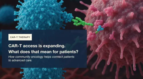Blue and pink cells interacting with text on CAR-T therapy access and patient care.