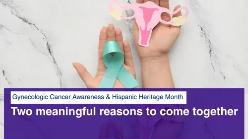 Hands holding a teal ribbon and a paper uterus above text about awareness and heritage month.