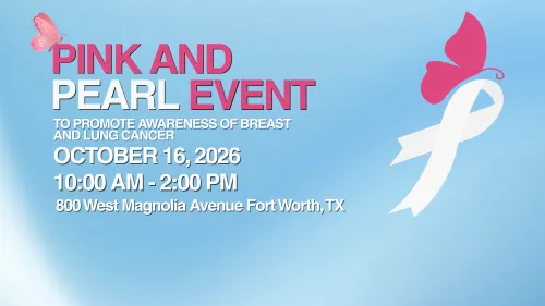Pink butterfly and pearl ribbon on blue background with event details in bold text.